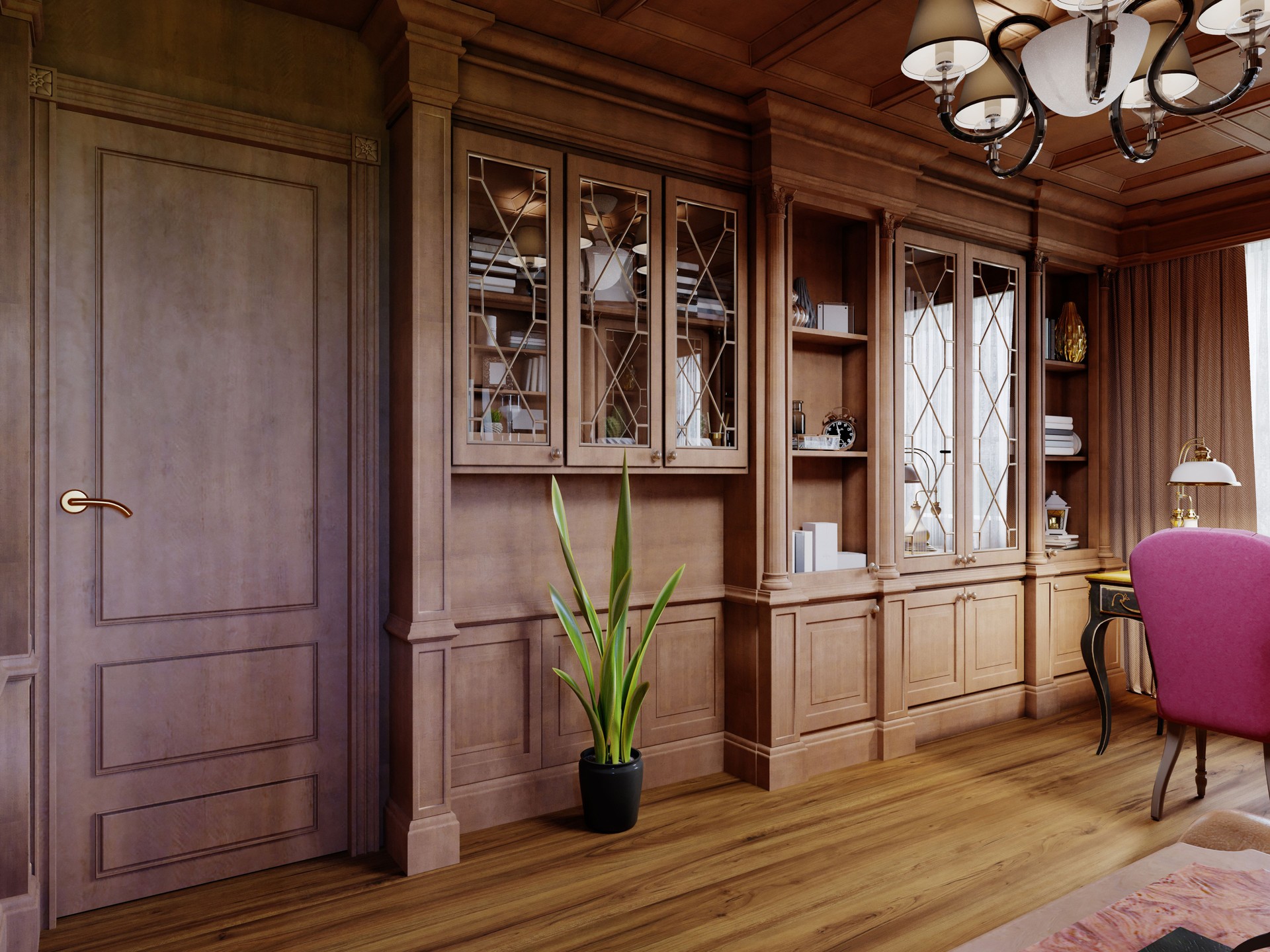 A wooden office cabinet in a classic style with sideboard cabinets with interior decor and a work desk with a soft pink chair.