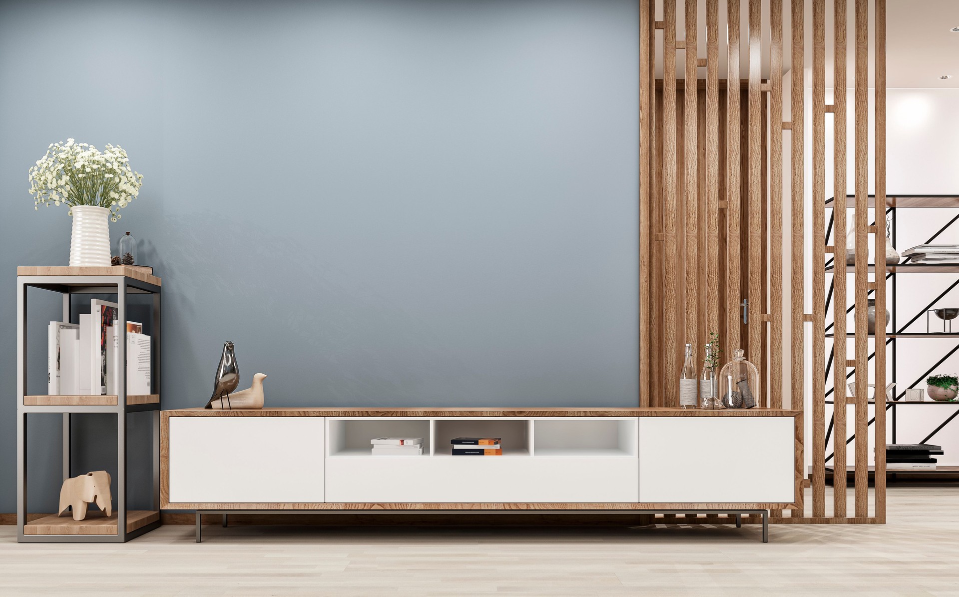Modern living room with a cabinet and paneled wall divider