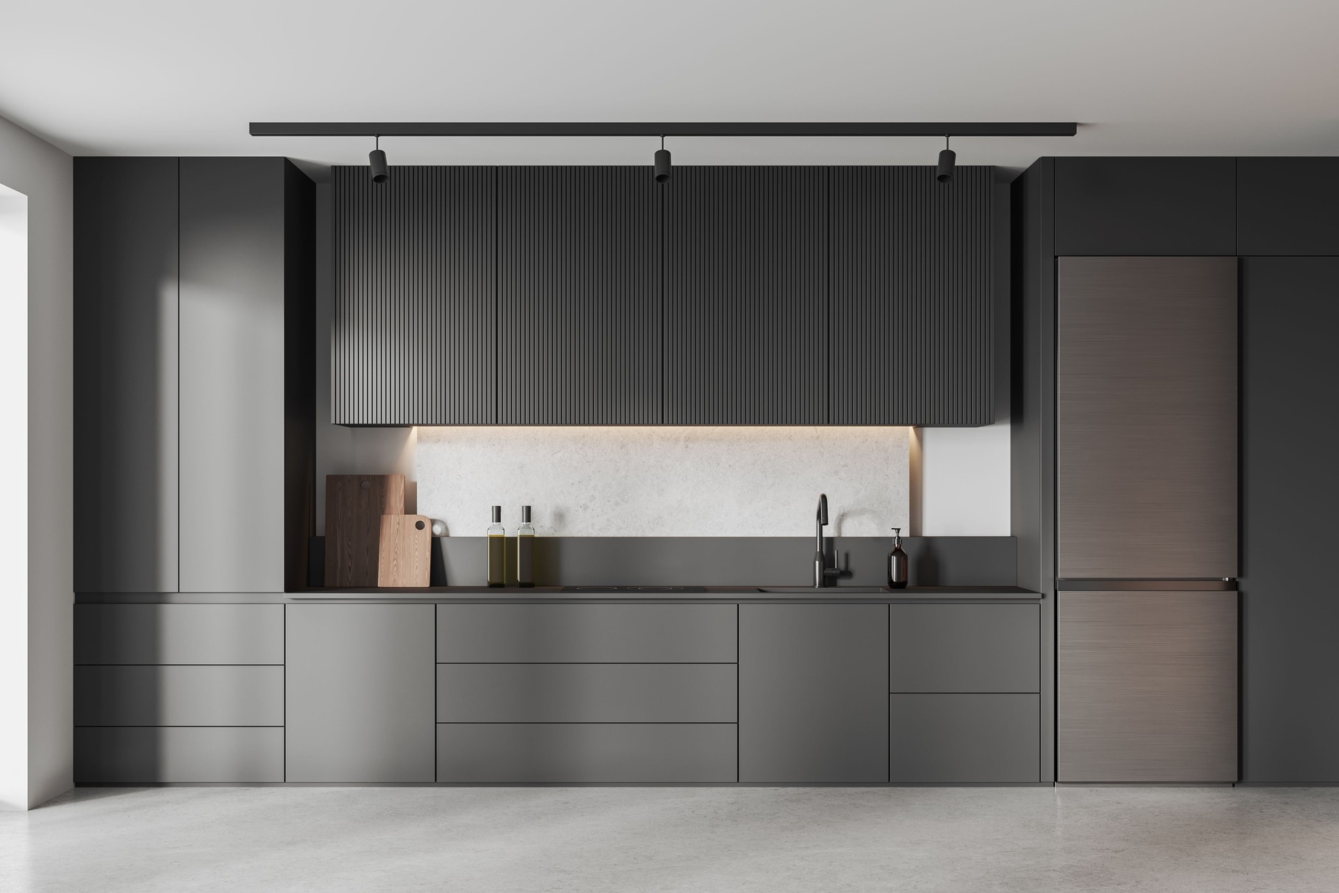 Stylish home kitchen interior with cooking zone with refrigerator