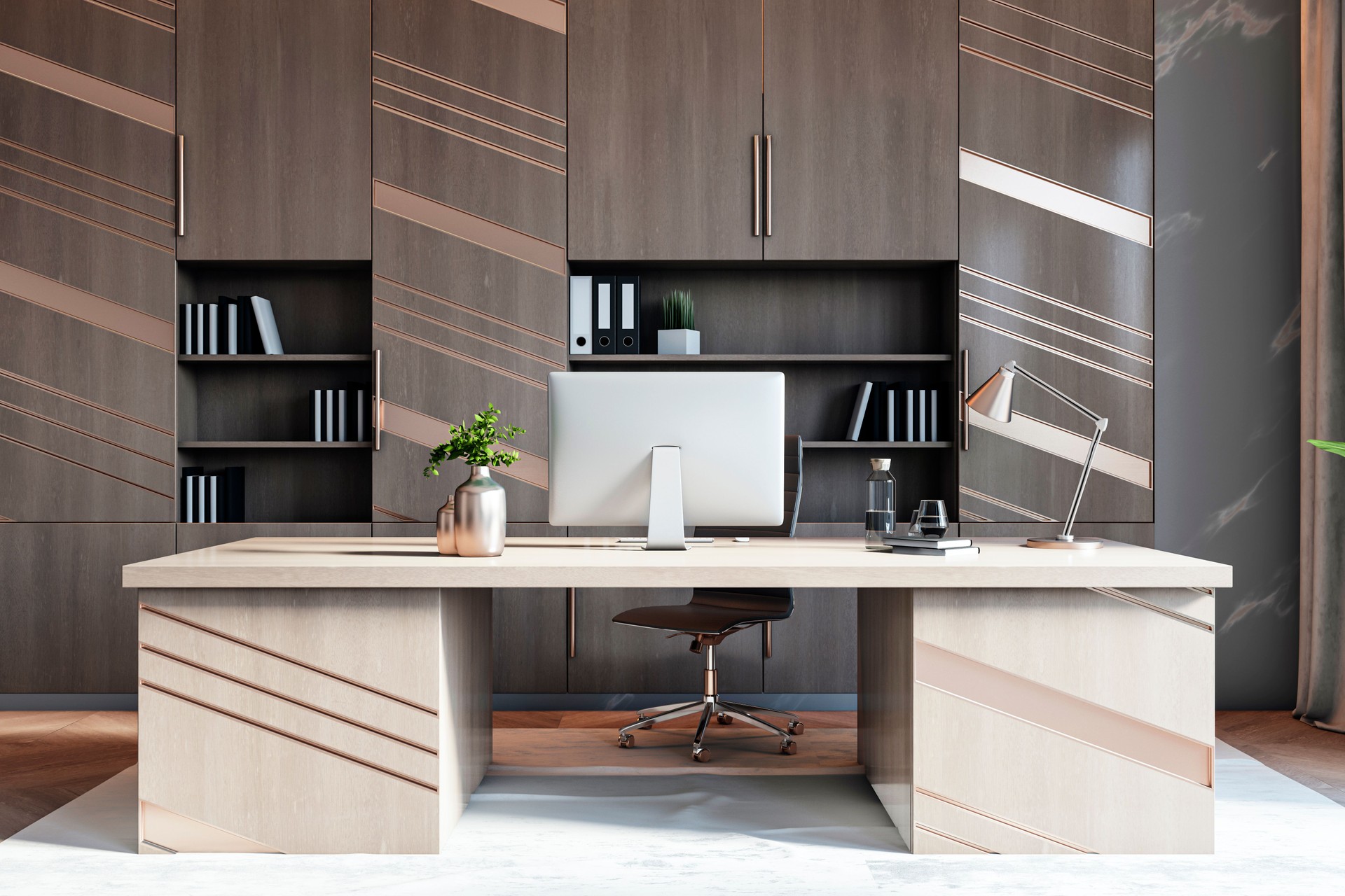Modern executive office with wooden accents and desk. 3D Rendering